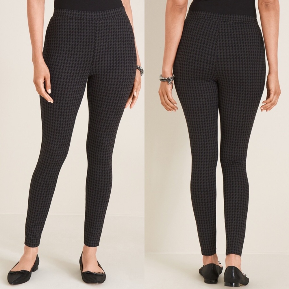 Chico’s Houndstooth Ponte Leggings Black Gray High Waist Size 8